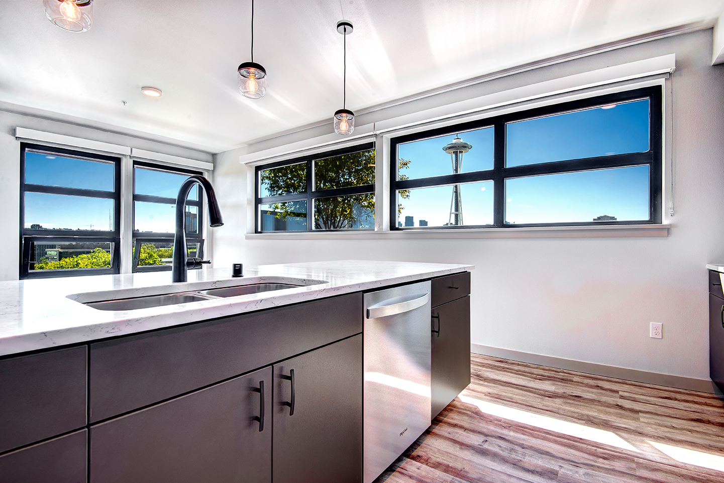 apartment interior with view of Space Needle